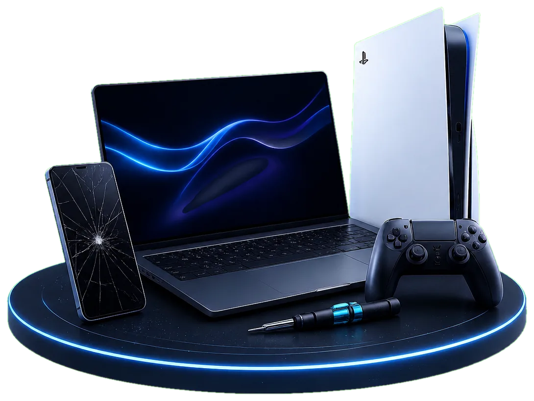 Phone, laptop, game console, controller and gaming PC on a repair bench